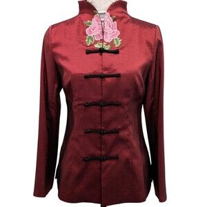 Chinese Mandarin Jacket Women Silk Appearance Burgundy Bell Sleeve fits Size Med